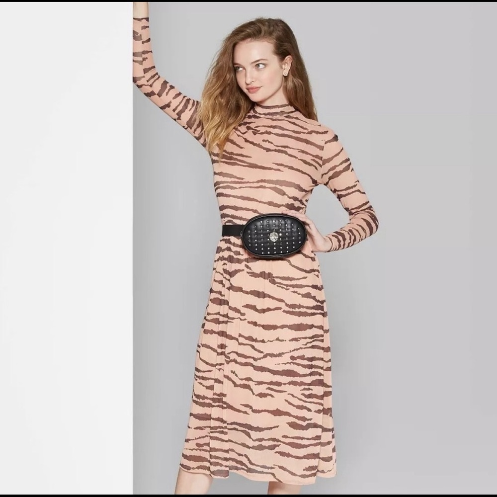 Wild Fable Cream/Peach/Brown Tiger Print mock long sleeve sheer dress